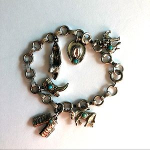 Western Country Rodeo Turquoise Silver Charm Bracelet Hat Horse Cow Chaps Boot